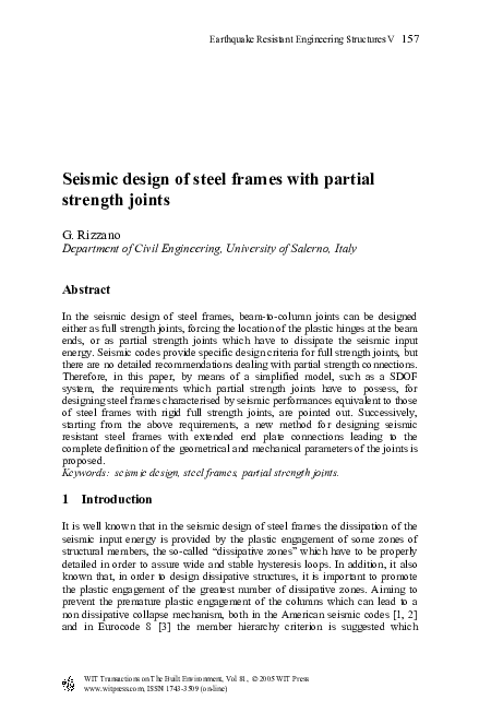 (PDF) Seismic Design of Steel Frames with Partial Strength Joints