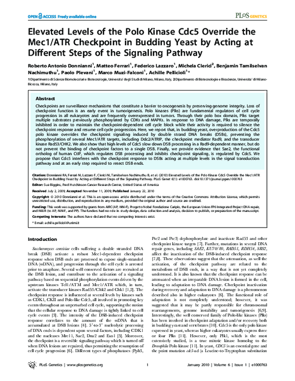 (PDF) Faculty of 1000 evaluation for Elevated levels of the polo kinase ...