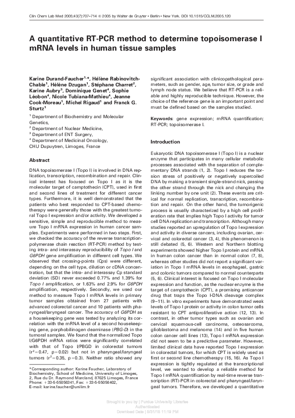 (PDF) A quantitative RT-PCR method to determine topoisomerase I mRNA ...