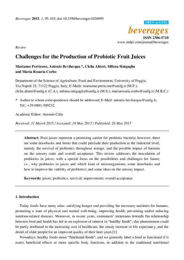 (PDF) Challenges for the Production of Probiotic Fruit Juices