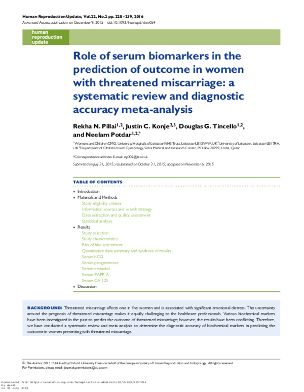 (PDF) Role of serum biomarkers in the prediction of outcome in women ...