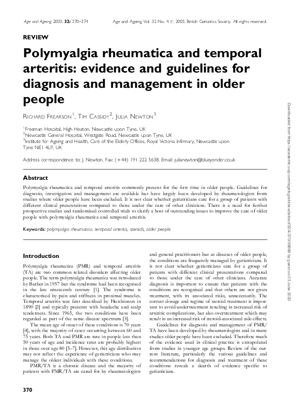 (PDF) Polymyalgia rheumatica and temporal arteritis: evidence and ...