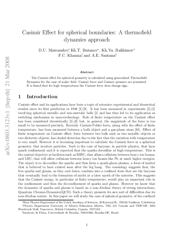 (PDF) Casimir Effect for spherical boundaries: A thermofield dynamics ...