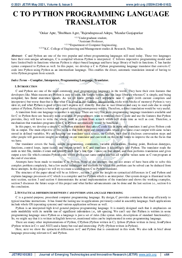 (PDF) C to Python Programming Language Translator