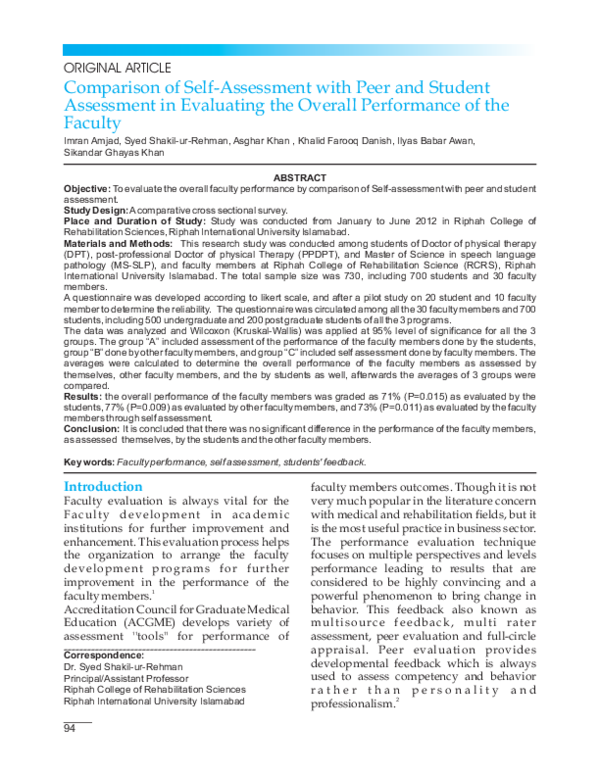 (PDF) Comparison of Self-Assessment with Peer and Student Assessment in ...