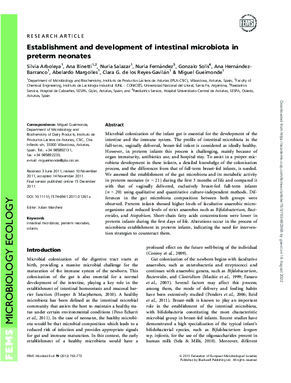 (PDF) Establishment and development of intestinal microbiota in preterm ...