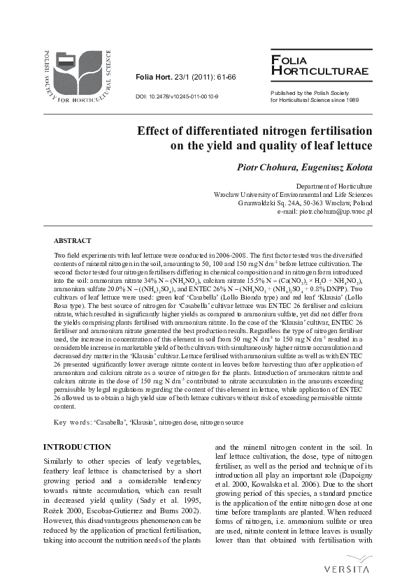 (PDF) Effect of differentiated nitrogen fertilisation on the yield and ...