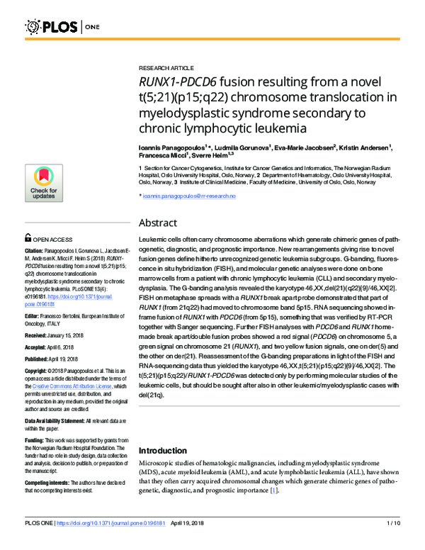 (PDF) RUNX1-PDCD6 Fusion from t(5;21) in CLL