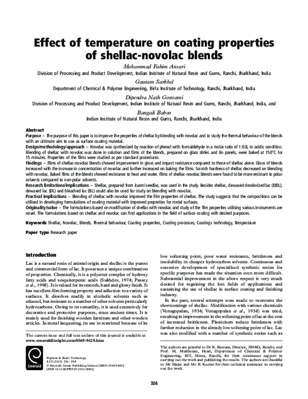 (PDF) Effect of temperature on coating properties of shellac-novolac blends