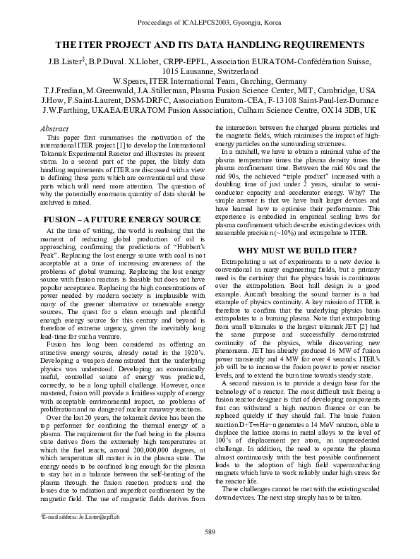 (PDF) The Iter Project and Its Data Handling Requirements