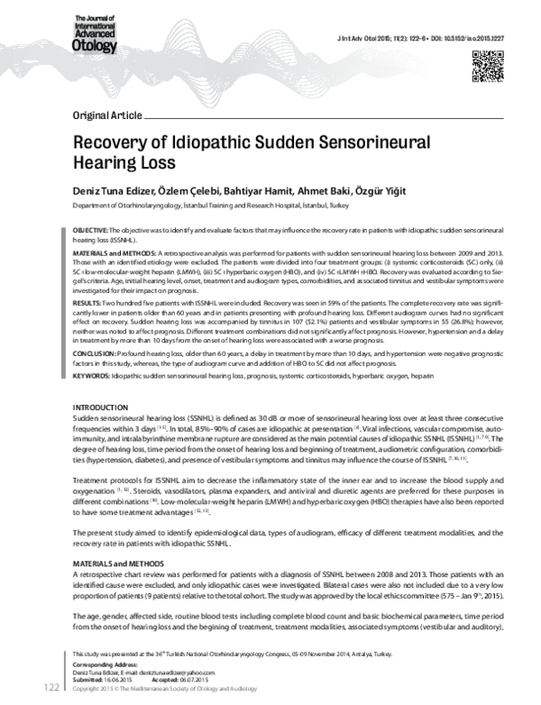 (PDF) Recovery of Idiopathic Sudden Sensorineural Hearing Loss