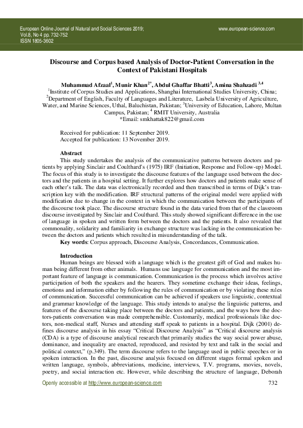 (PDF) Discourse and Corpus based Analysis of Doctor-Patient ...