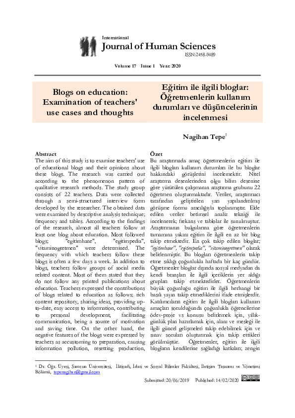 (PDF) Blogs on education: Examination of teachers' use cases and thoughts