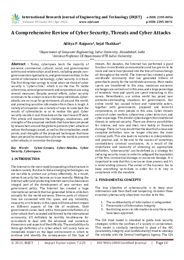 (PDF) A Comprehensive Review of Cyber Security, Threats and Cyber Attacks