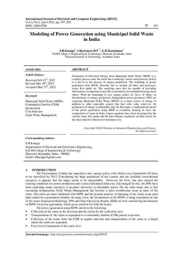 (PDF) Modeling of Power Generation using Municipal Solid Waste in India