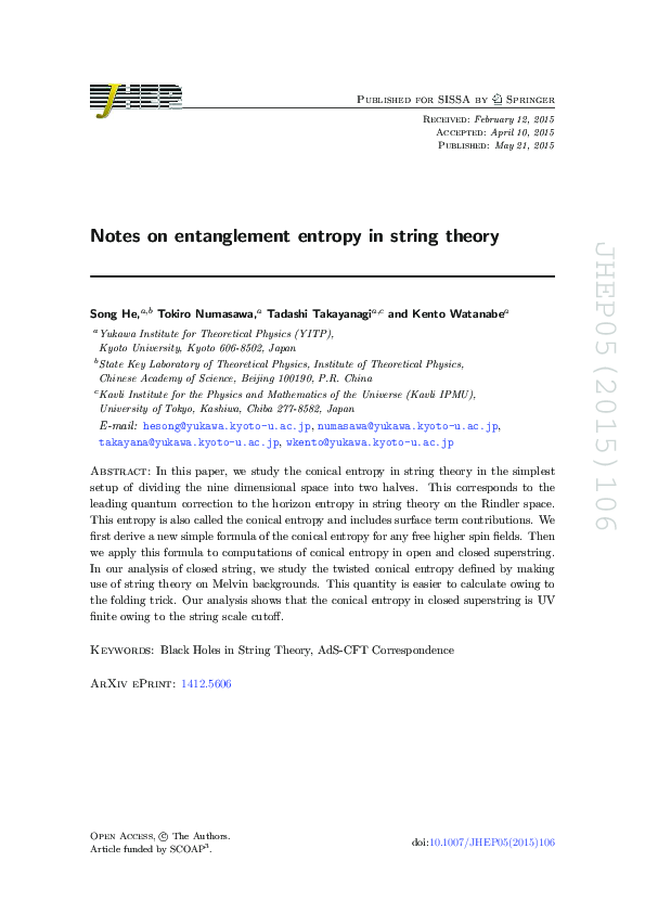 (PDF) Notes on entanglement entropy in string theory