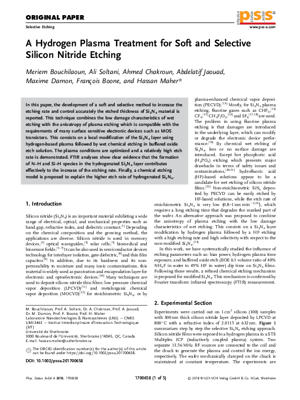 (PDF) A Hydrogen Plasma Treatment for Soft and Selective Silicon ...
