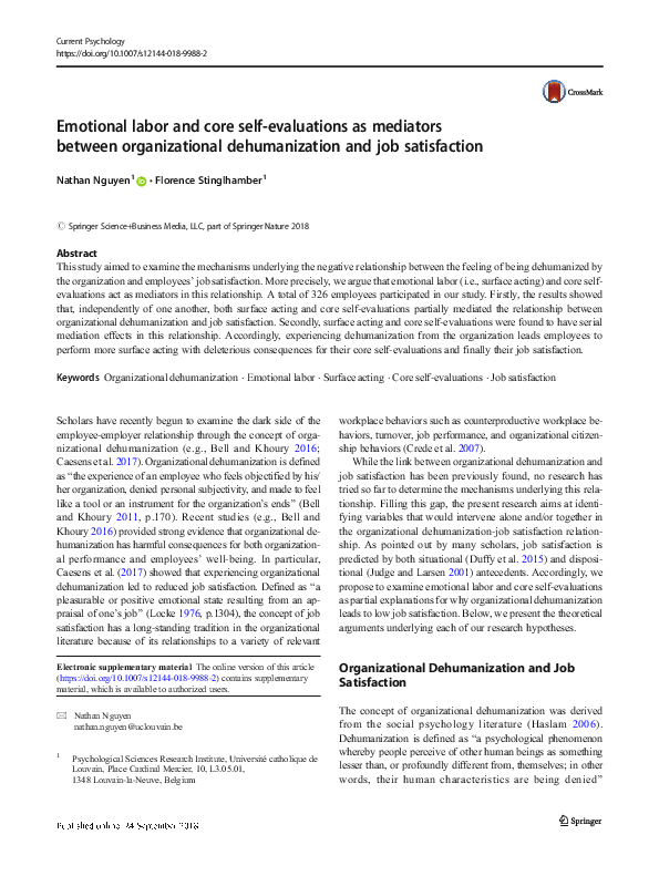 (PDF) Emotional labor and core self-evaluations as mediators between ...