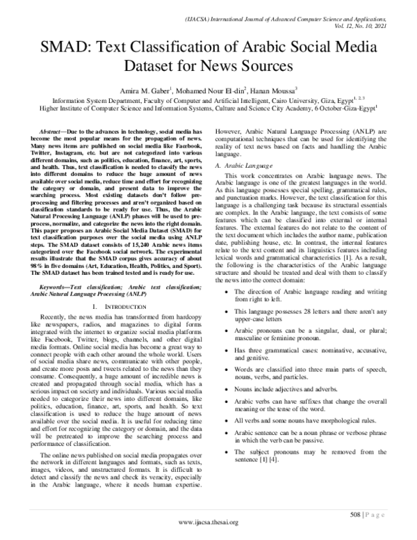 (PDF) SMAD: Text Classification of Arabic Social Media Dataset for News ...