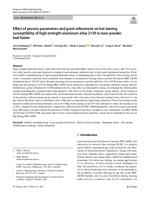 (PDF) Effect of process parameters and grain refinement on hot tearing ...
