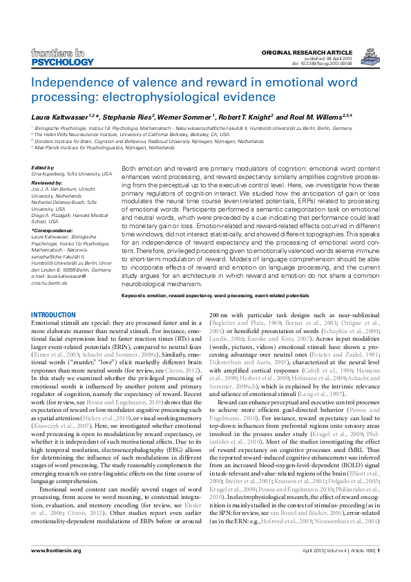 (PDF) Independence of valence and reward in emotional word processing ...