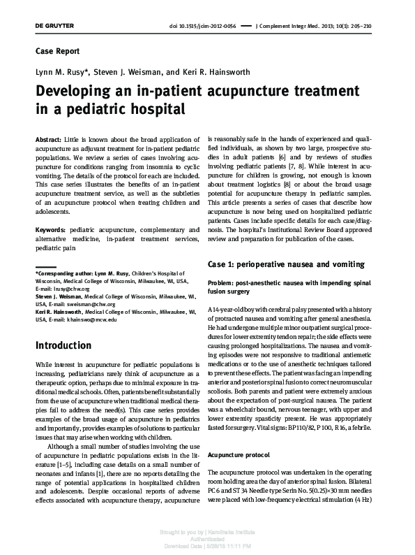 (PDF) Developing an in-patient acupuncture treatment in a pediatric ...