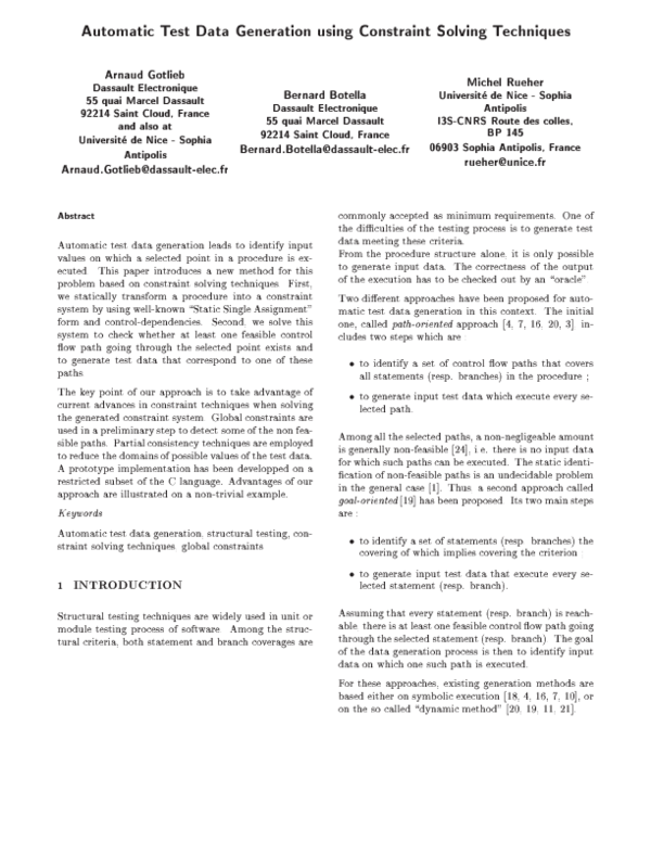 (PDF) Automatic test data generation using constraint solving techniques