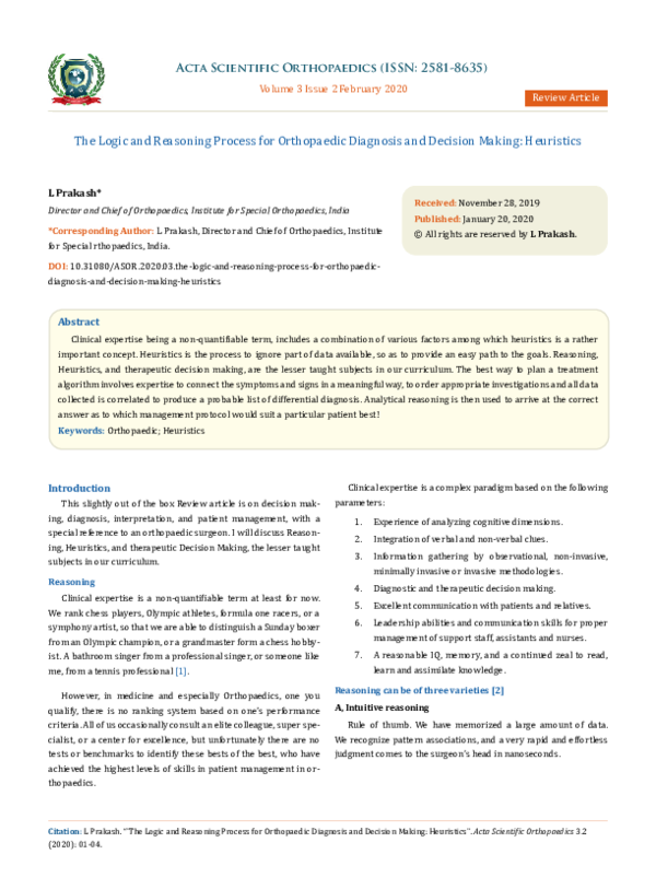 (PDF) The Logic and Reasoning Process for Orthopaedic Diagnosis and ...