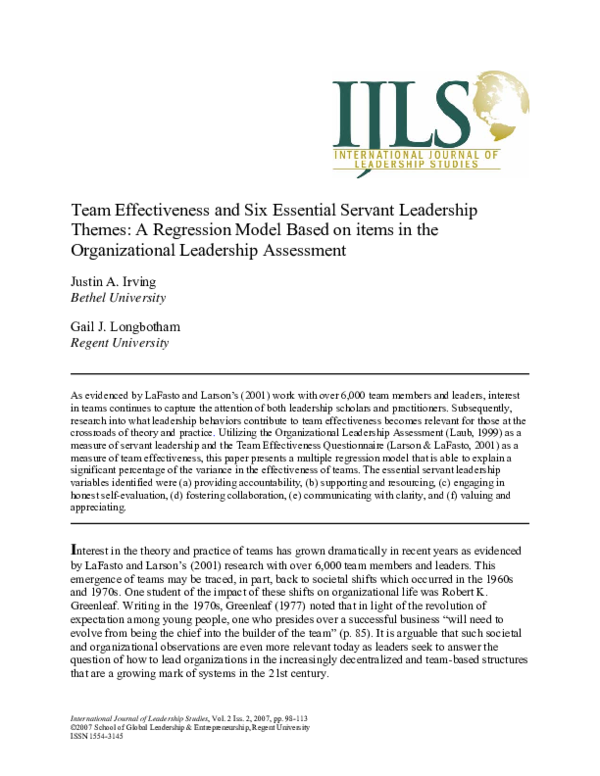 (PDF) Team effectiveness and six essential servant leadership themes
