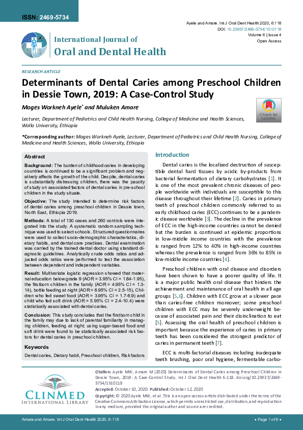 (PDF) Determinants of Dental Caries among Preschool Children in Dessie ...