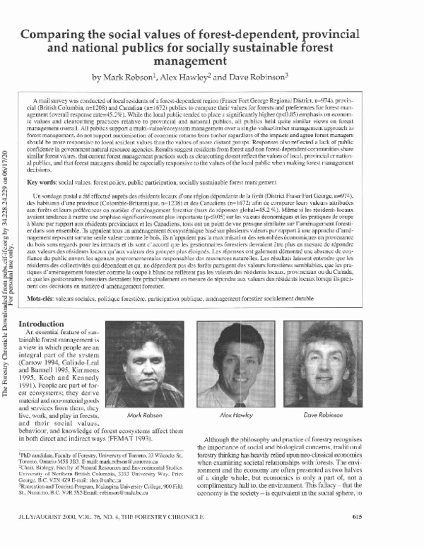 (PDF) Comparing the social values of forest-dependent, provincial and ...