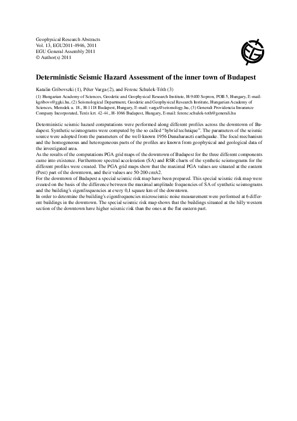 (PDF) Deterministic seismic hazard assessment of the inner town of Budapest