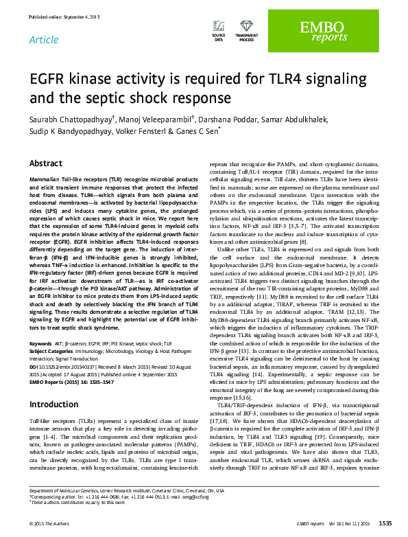 EGFR kinase activity is required for TLR4 signaling and the septic ...