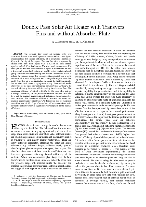 (PDF) Double Pass Solar Air Heater With Transvers Fins And Without ...