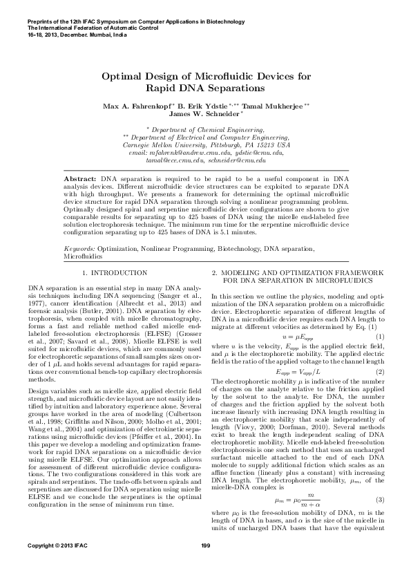 (PDF) Optimal Design of Microfluidic Devices for Rapid DNA Separations