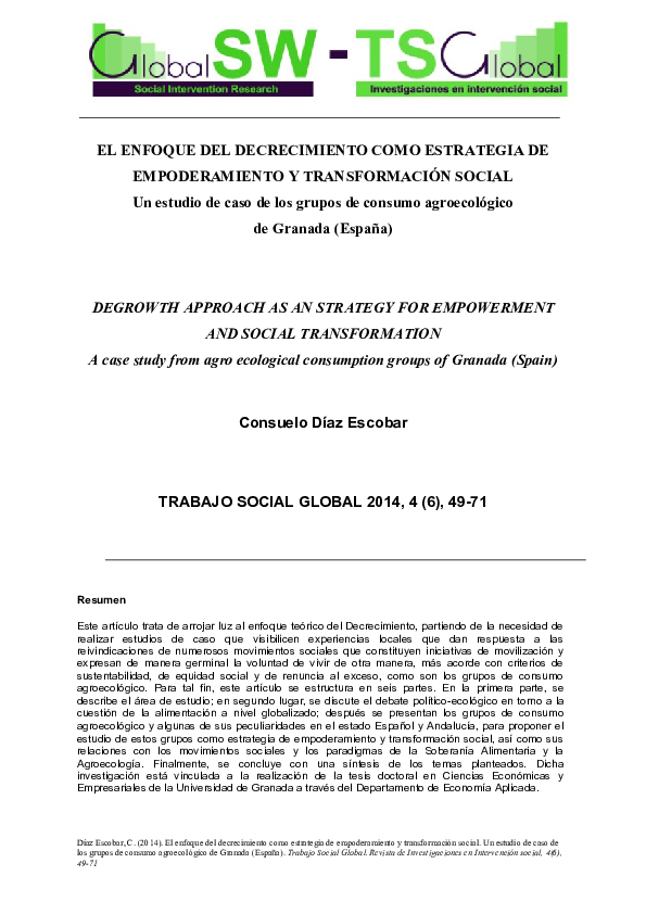 El enfoque del decrecimiento como estrategia de empoderamiento y transformación social. Estudio de caso de los grupos de consumo agroecológico de Granada (España)