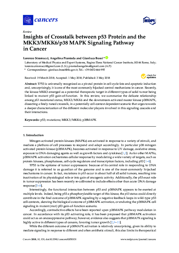 (PDF) Insights of Crosstalk between p53 Protein and the MKK3/MKK6/p38 ...