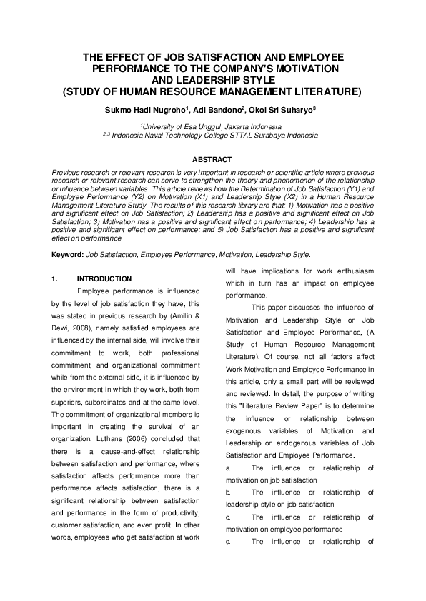 (PDF) The Effect of Job Satisfaction and Employee Performance to the ...