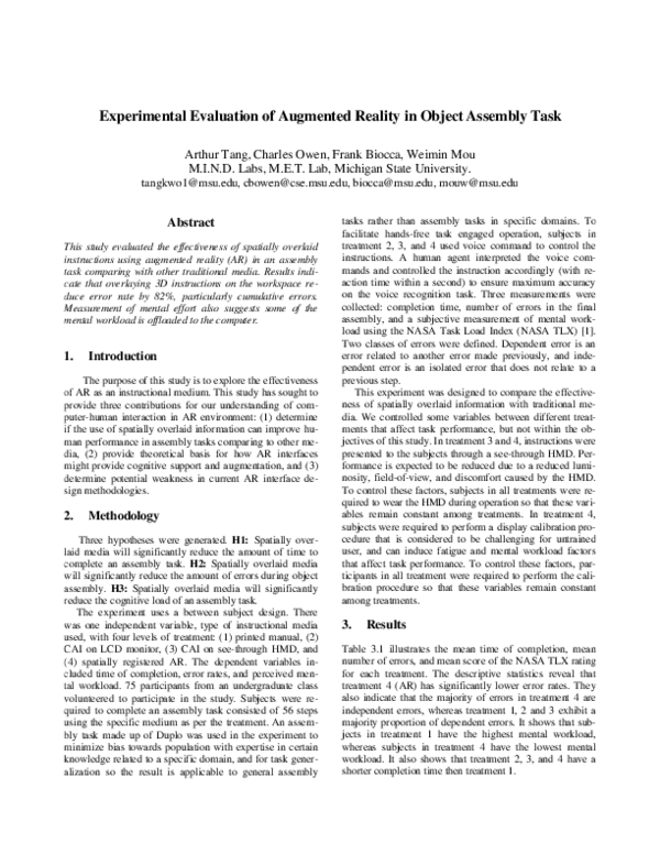 (PDF) Experimental evaluation of augmented reality in object assembly task