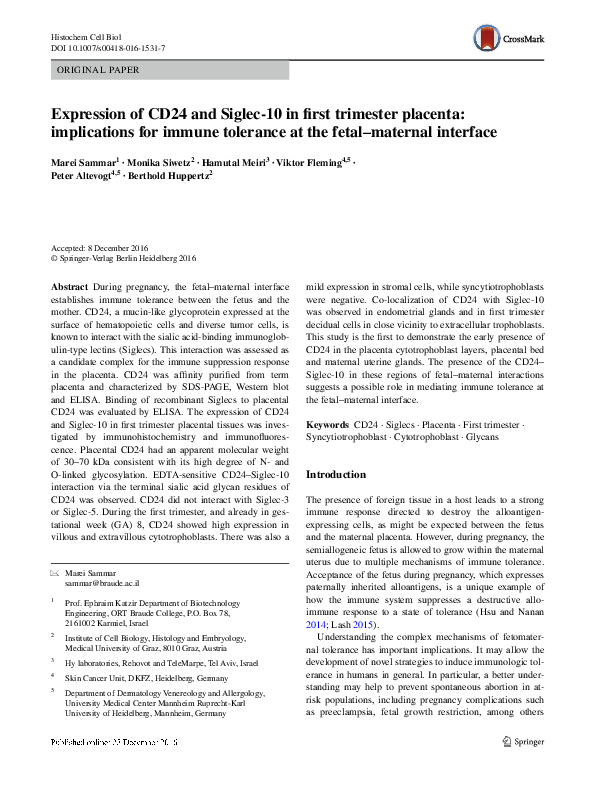 (PDF) Expression of CD24 and Siglec-10 in first trimester placenta ...