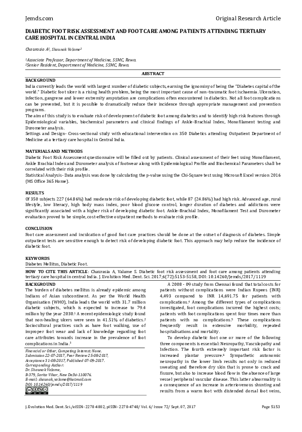 (PDF) Diabetic Foot Risk Assessment and Foot Care Among Patients ...