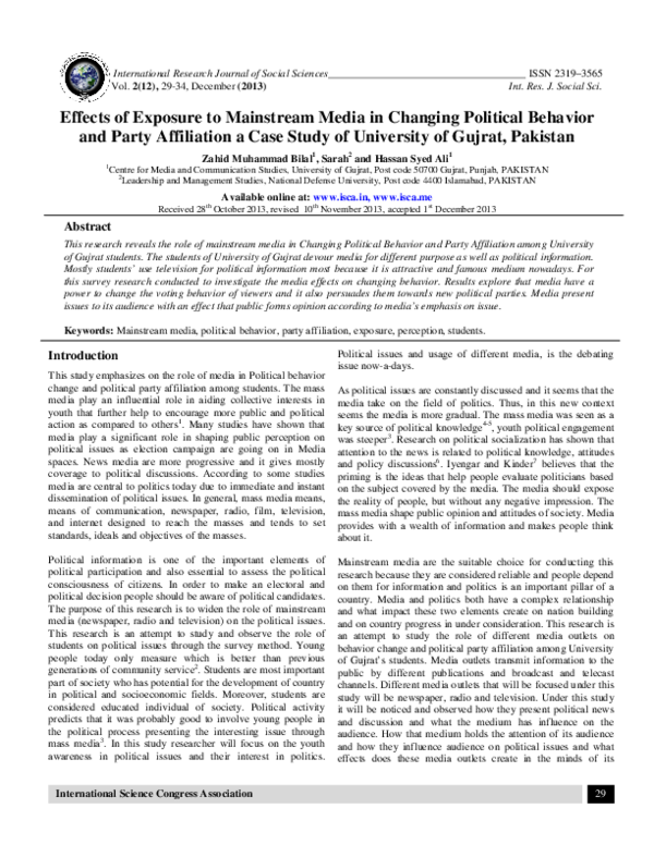 Effects of Exposure to Mainstream Media in Changing Political Behavior and Party Affiliation a Case Study of University of Gujrat, Pakistan