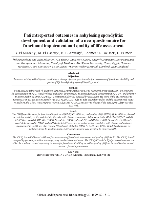 (PDF) Patient reported outcomes in ankylosing spondylitis: development ...