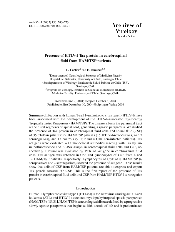 (PDF) Presence of HTLV-I Tax protein in cerebrospinal fluid from HAM ...