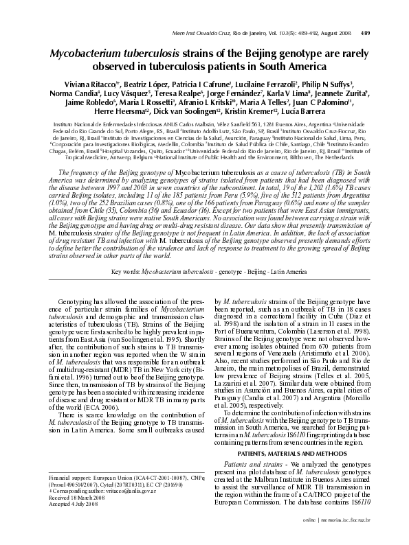 (PDF) Mycobacterium tuberculosis strains of the Beijing genotype are ...