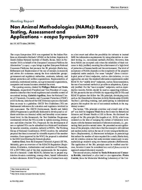 (PDF) Non animal methodologies (NAMs): Research, testing, assessment ...