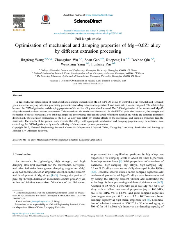 (PDF) Optimization of mechanical and damping properties of Mg–0.6Zr ...