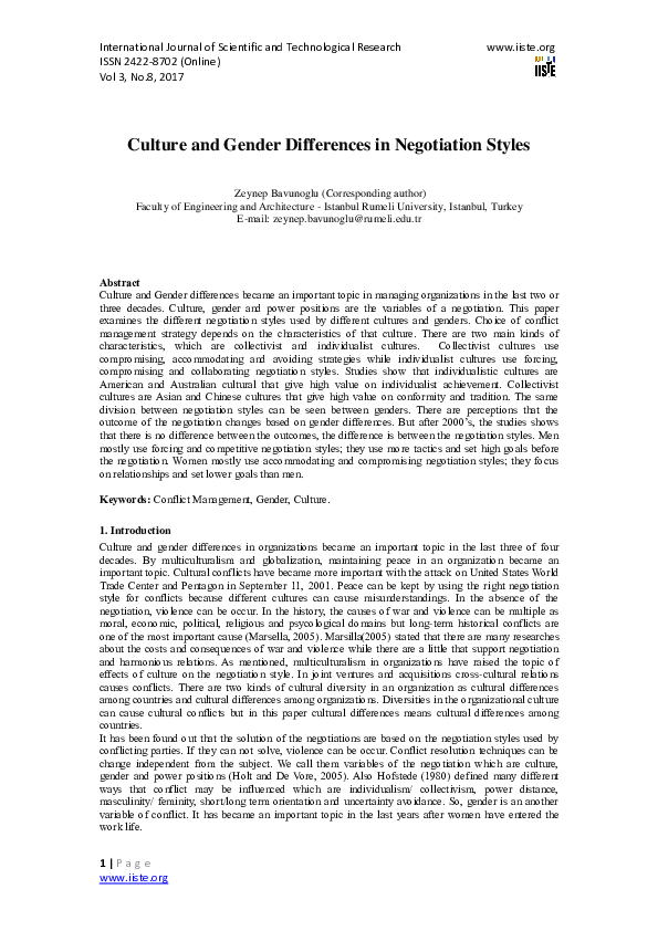 (PDF) Culture and Gender Differences in Negotiation Styles zeynep