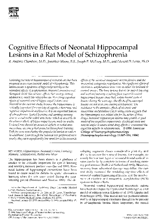 (PDF) Cognitive Effects of Neonatal Hippocampal Lesions in a Rat Model ...