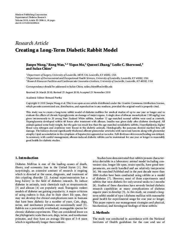 (PDF) Creating a Long-Term Diabetic Rabbit Model